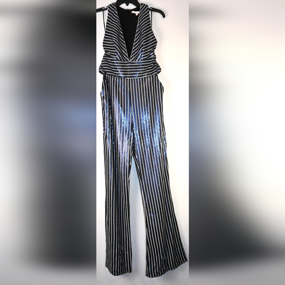 HARLYN Sequin Stripe Wide Leg Jumpsuite Size S, Dark Navy W/ Iridescent Sequins